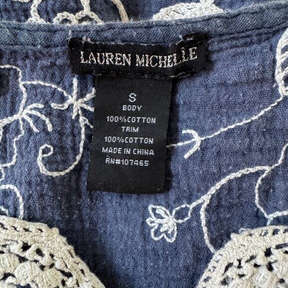 Lauren Michelle Blue & Cream Embroidered 3/4 Sleeve Blouse - Picture 7 of 8